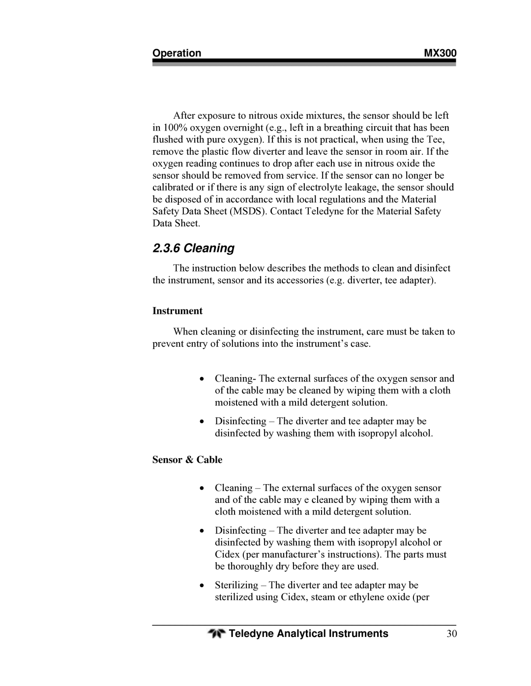Teledyne MX300 manual Cleaning, Instrument 