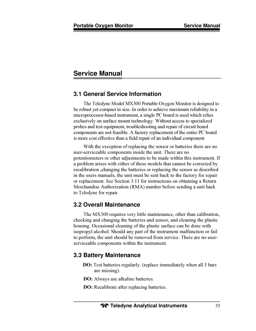 Teledyne MX300 manual General Service Information, Overall Maintenance, Battery Maintenance 