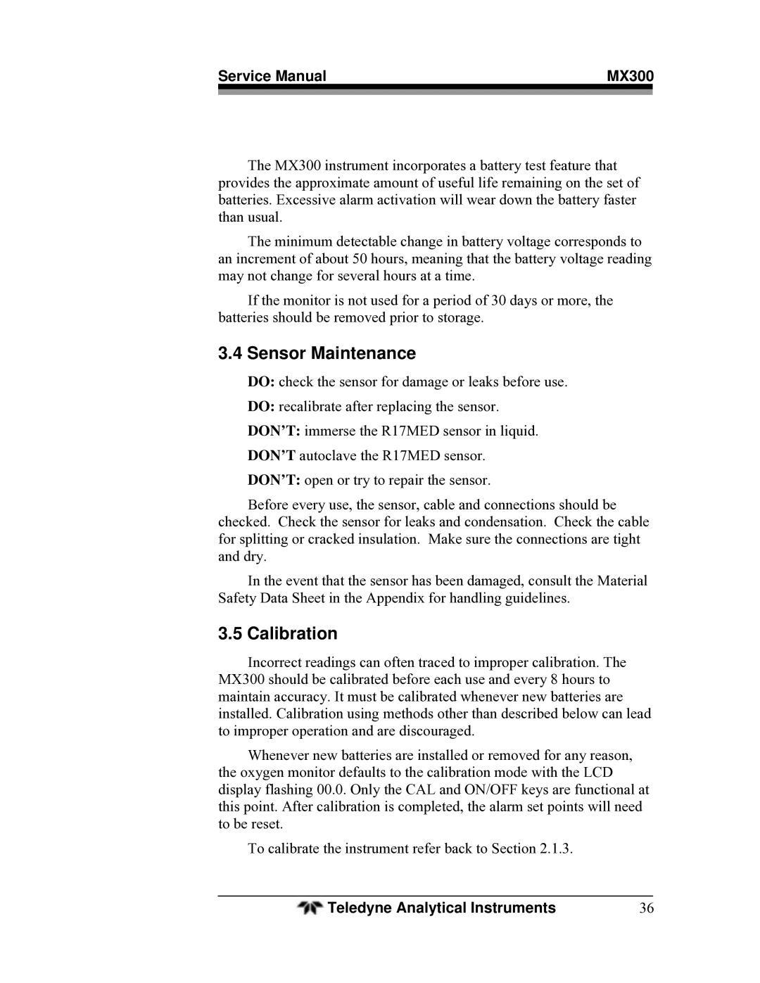 Teledyne MX300 manual Sensor Maintenance, Calibration 