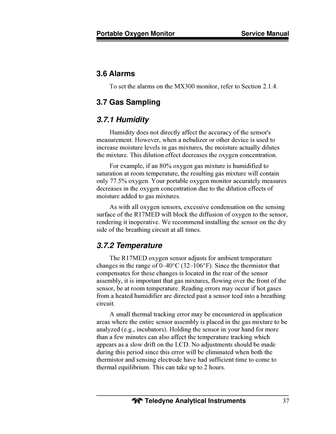 Teledyne MX300 manual Alarms, Gas Sampling 