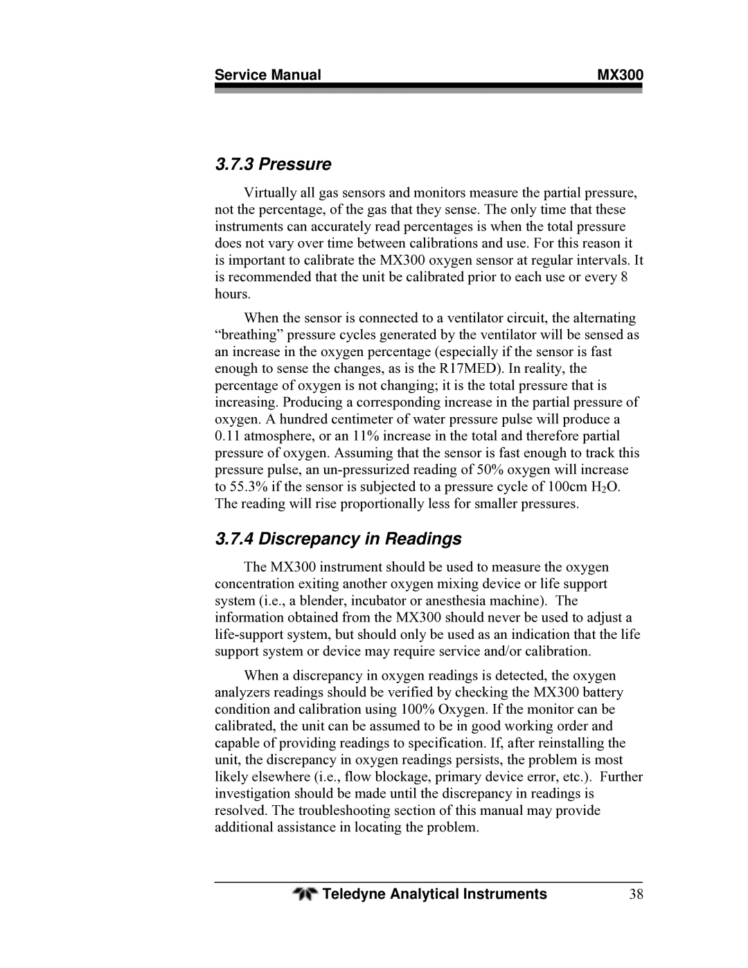 Teledyne MX300 manual Pressure 