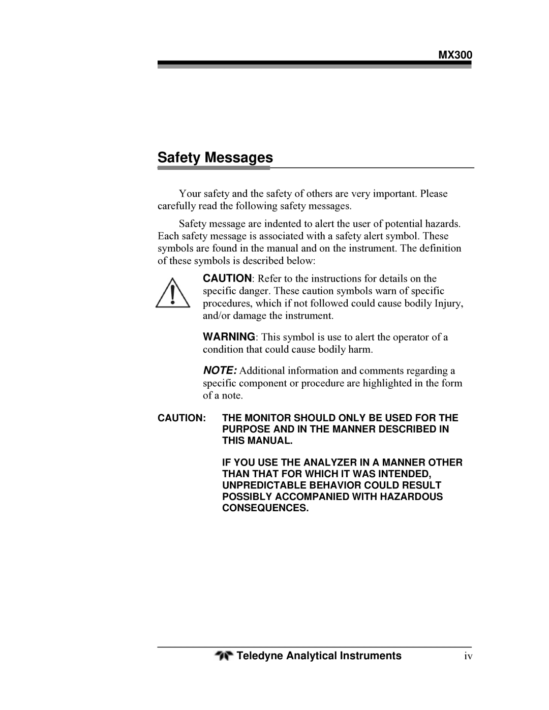 Teledyne MX300 manual Safety Messages 