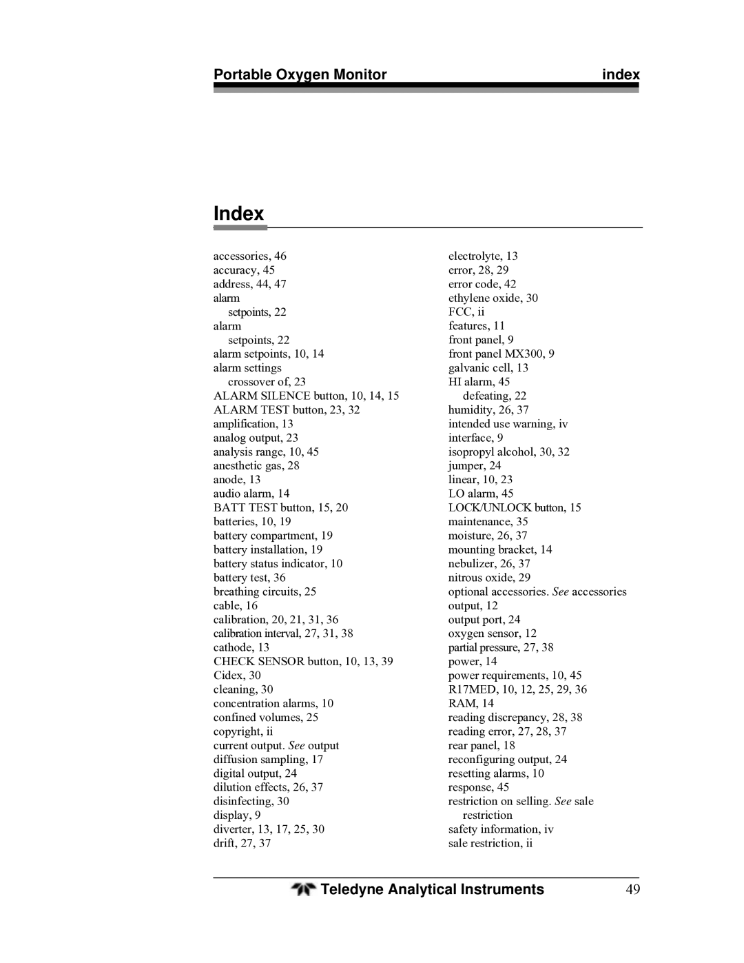 Teledyne MX300 manual Index 