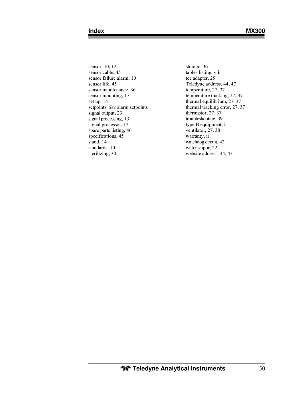 Teledyne MX300 manual Index 