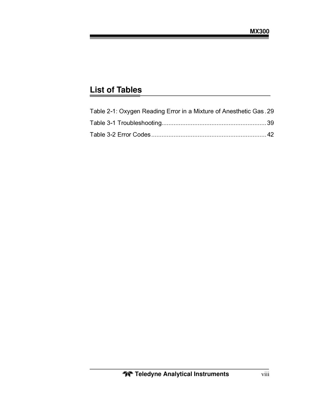 Teledyne MX300 manual List of Tables 