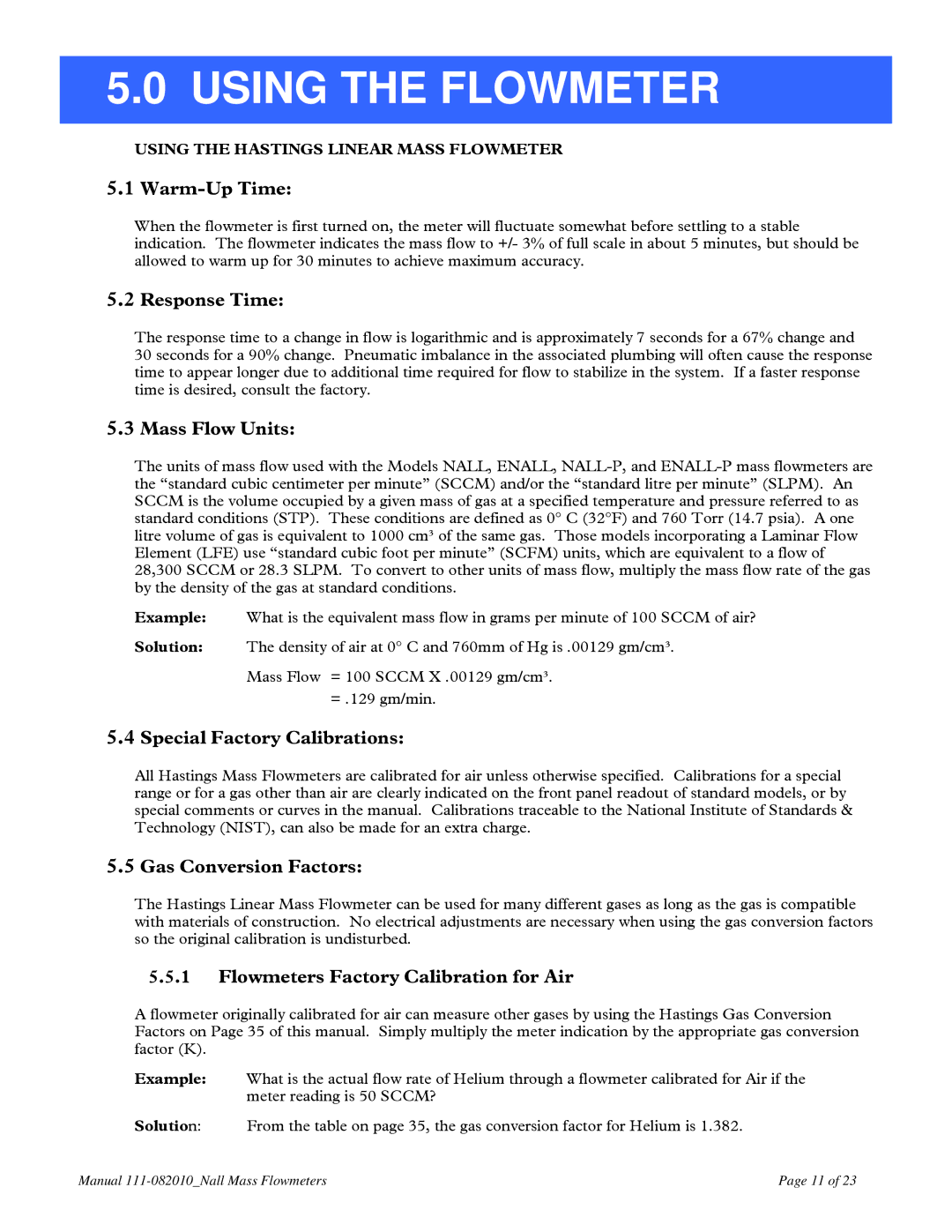 Teledyne NALL instruction manual Using the Flowmeter 