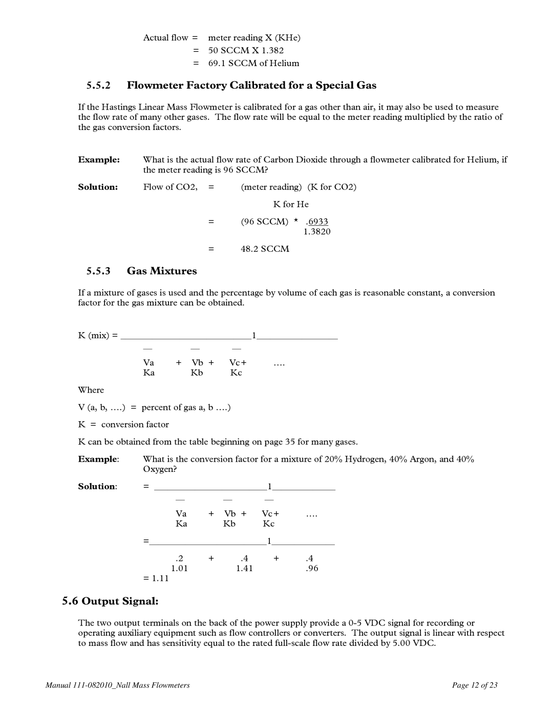 Teledyne NALL instruction manual Flowmeter Factory Calibrated for a Special Gas, Gas Mixtures, Output Signal 