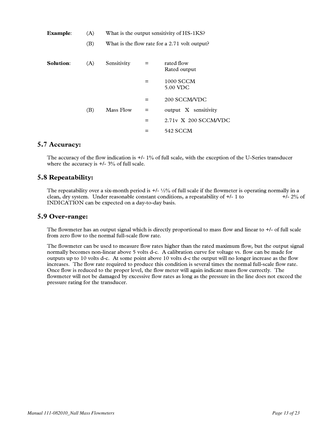 Teledyne NALL instruction manual Accuracy, Repeatability, Over-range 