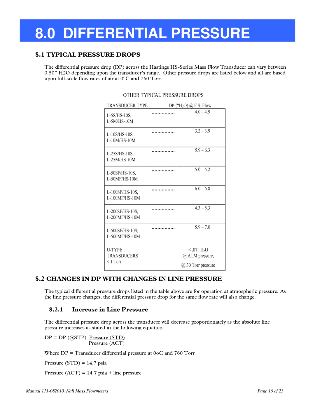 Teledyne NALL instruction manual Differential Pressure, Typical Pressure Drops, Changes in DP with Changes in Line Pressure 