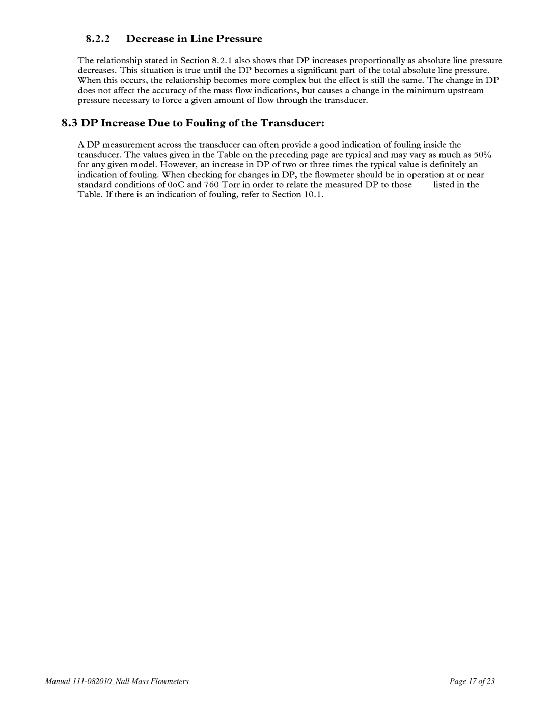 Teledyne NALL instruction manual Decrease in Line Pressure, DP Increase Due to Fouling of the Transducer 