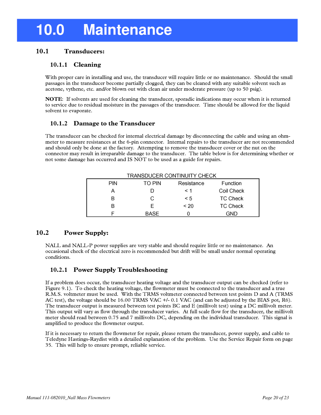 Teledyne NALL instruction manual Maintenance, Transducers Cleaning, Damage to the Transducer, Power Supply Troubleshooting 