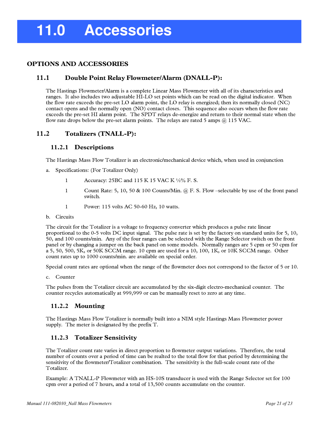 Teledyne Options and Accessories, Double Point Relay Flowmeter/Alarm DNALL-P, Totalizers TNALL-P Descriptions 