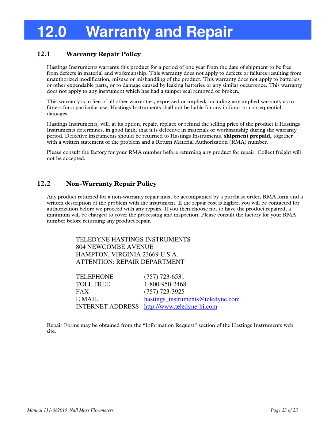 Teledyne NALL instruction manual Warranty and Repair, Non-Warranty Repair Policy 