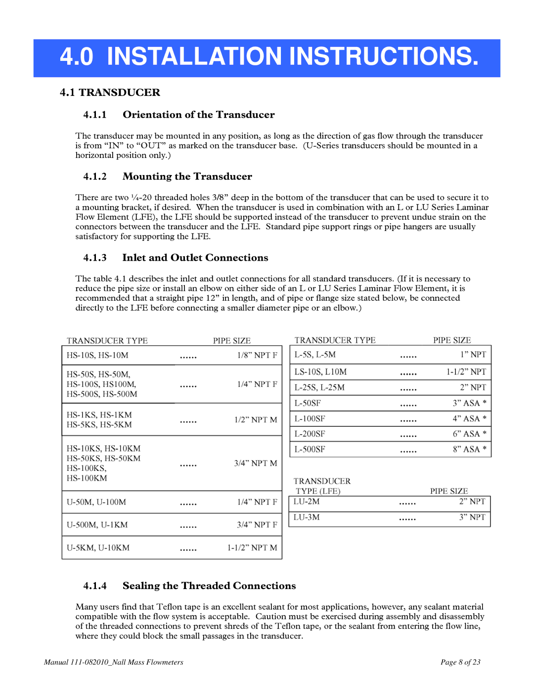 Teledyne NALL instruction manual Installation Instructions, Transducer 