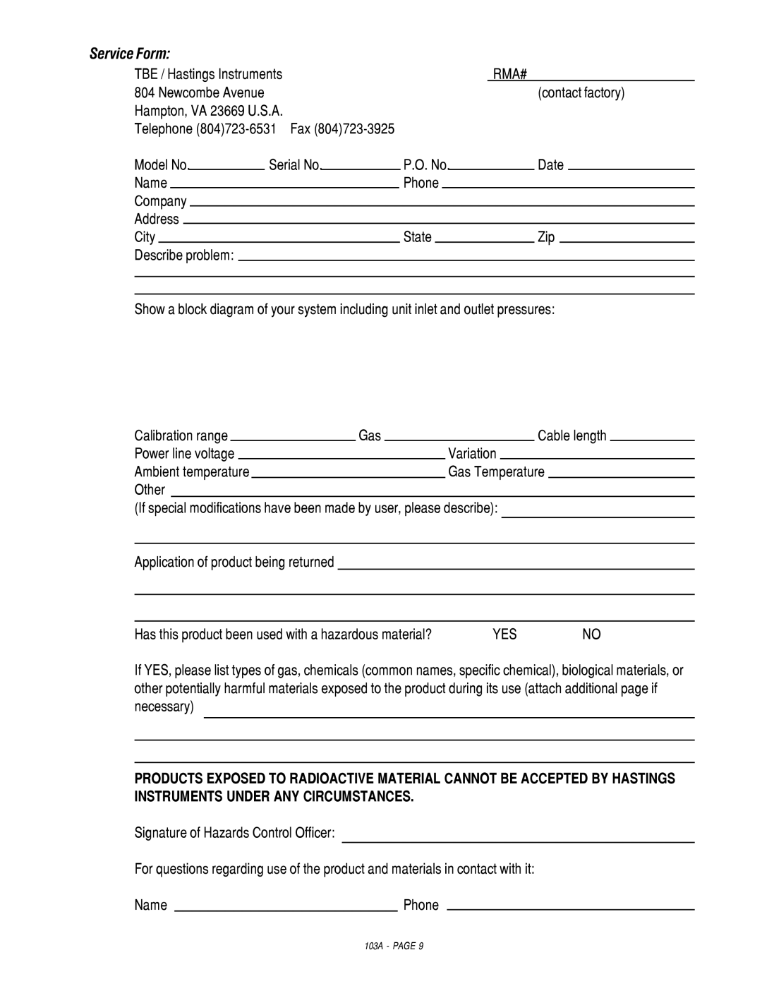 Teledyne NV-100 manual Service Form 