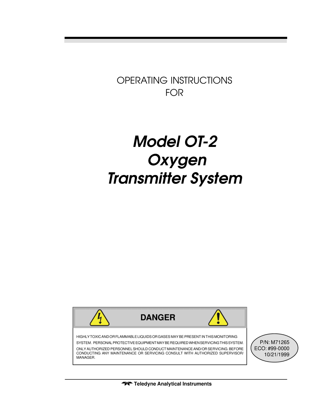 Teledyne operating instructions Model OT-2 Oxygen Transmitter System 