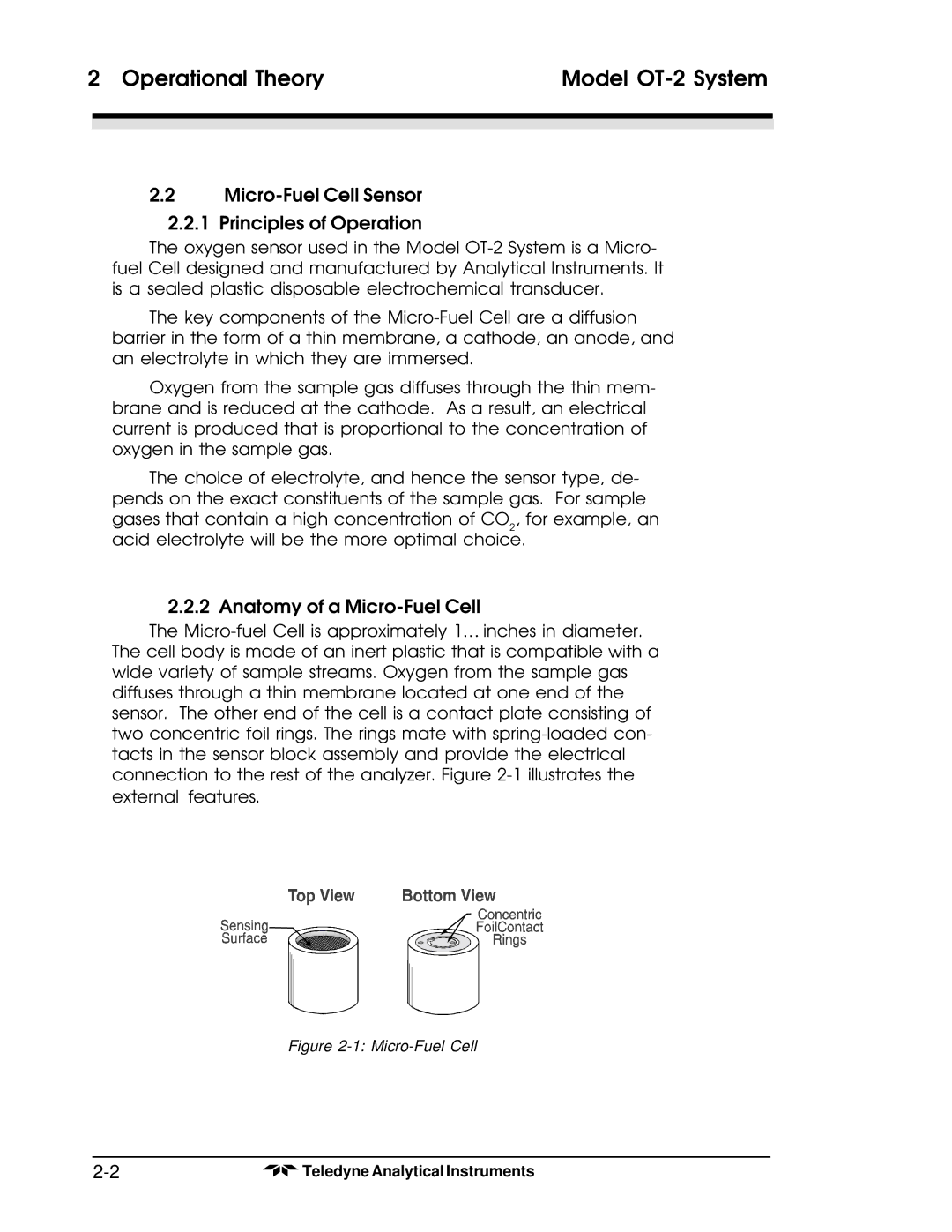 Teledyne operating instructions Operational Theory Model OT-2 System, Micro-Fuel Cell Sensor Principles of Operation 