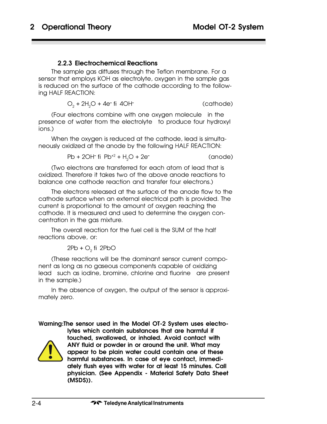 Teledyne OT-2 operating instructions Electrochemical Reactions 