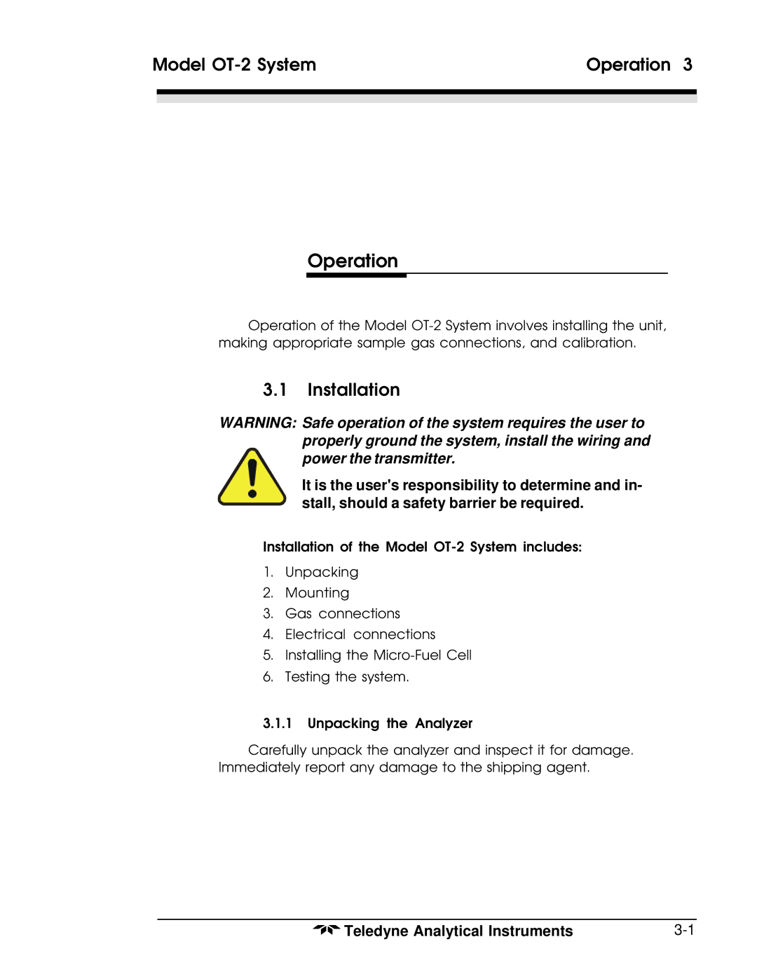 Teledyne operating instructions Model OT-2 System Operation, Installation 