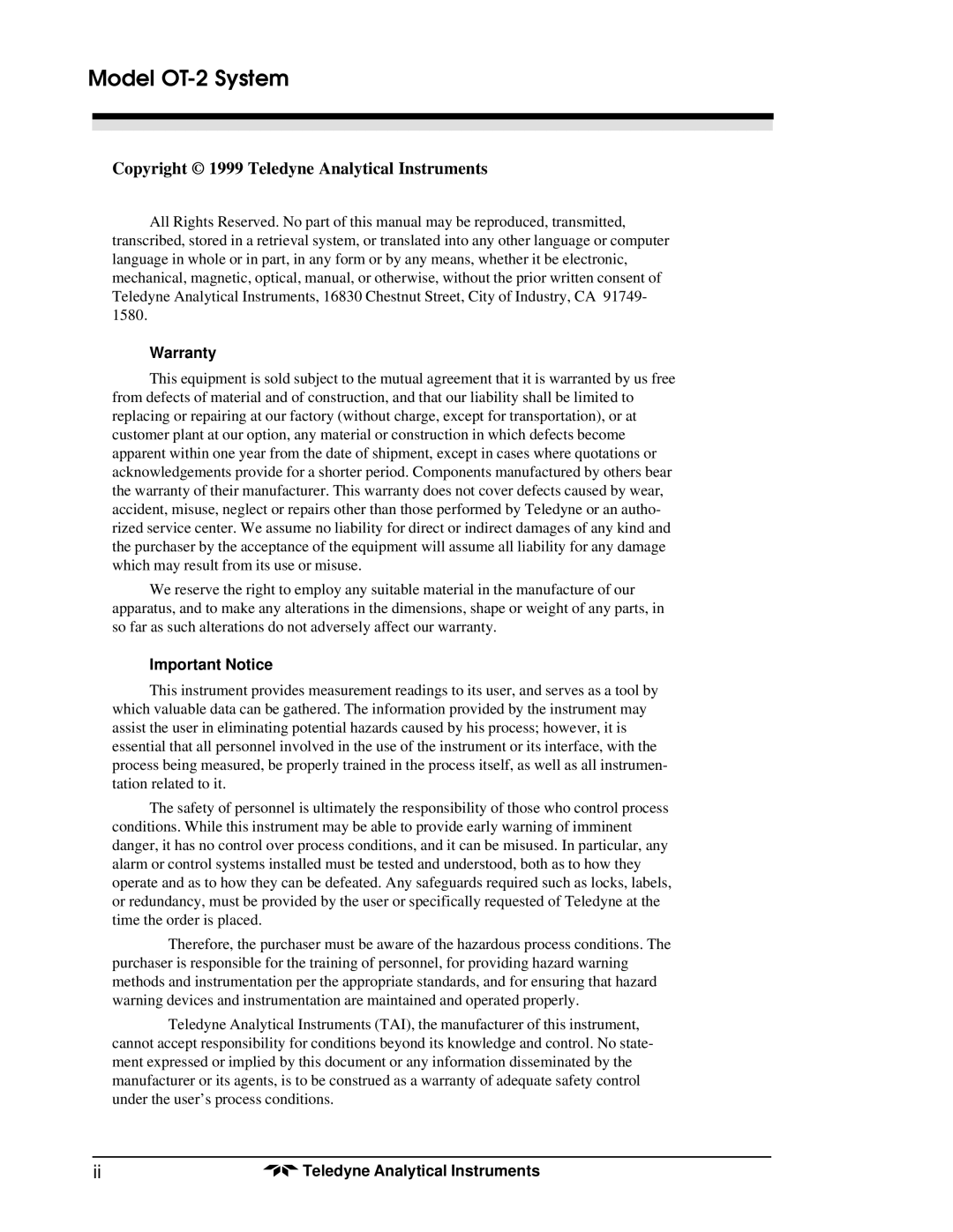 Teledyne operating instructions Model OT-2 System, Copyright 1999 Teledyne Analytical Instruments 