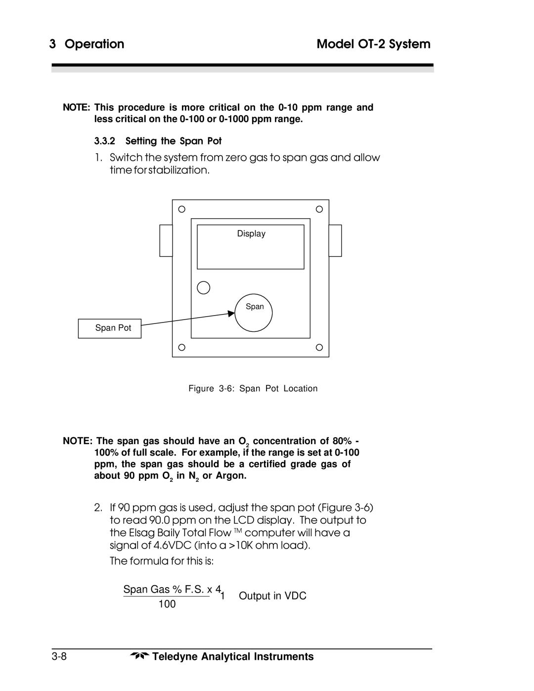 Teledyne OT-2 operating instructions Span Gas % F.S. x 4 + = Output in VDC 100 