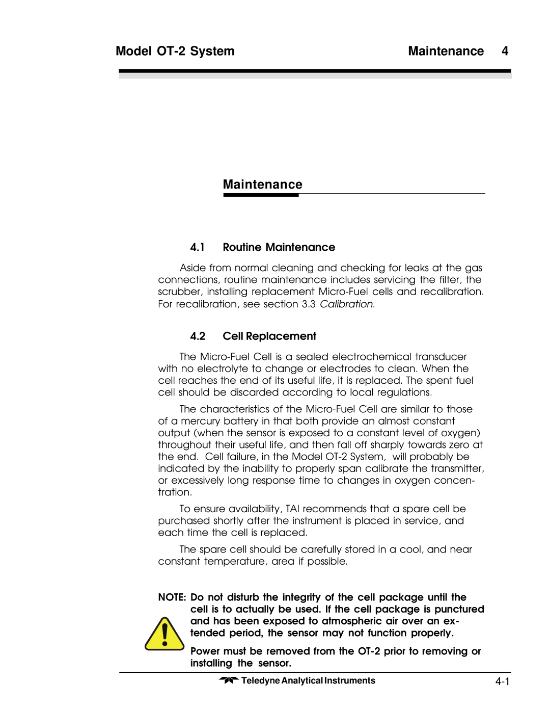 Teledyne operating instructions Model OT-2 System Maintenance 