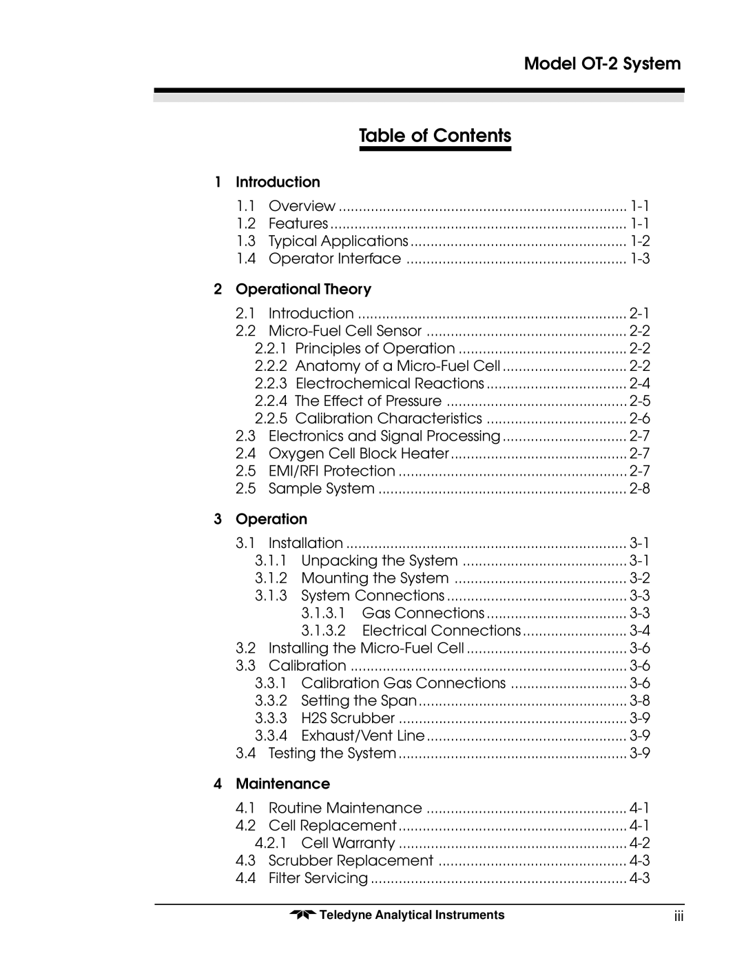 Teledyne OT-2 operating instructions Table of Contents 