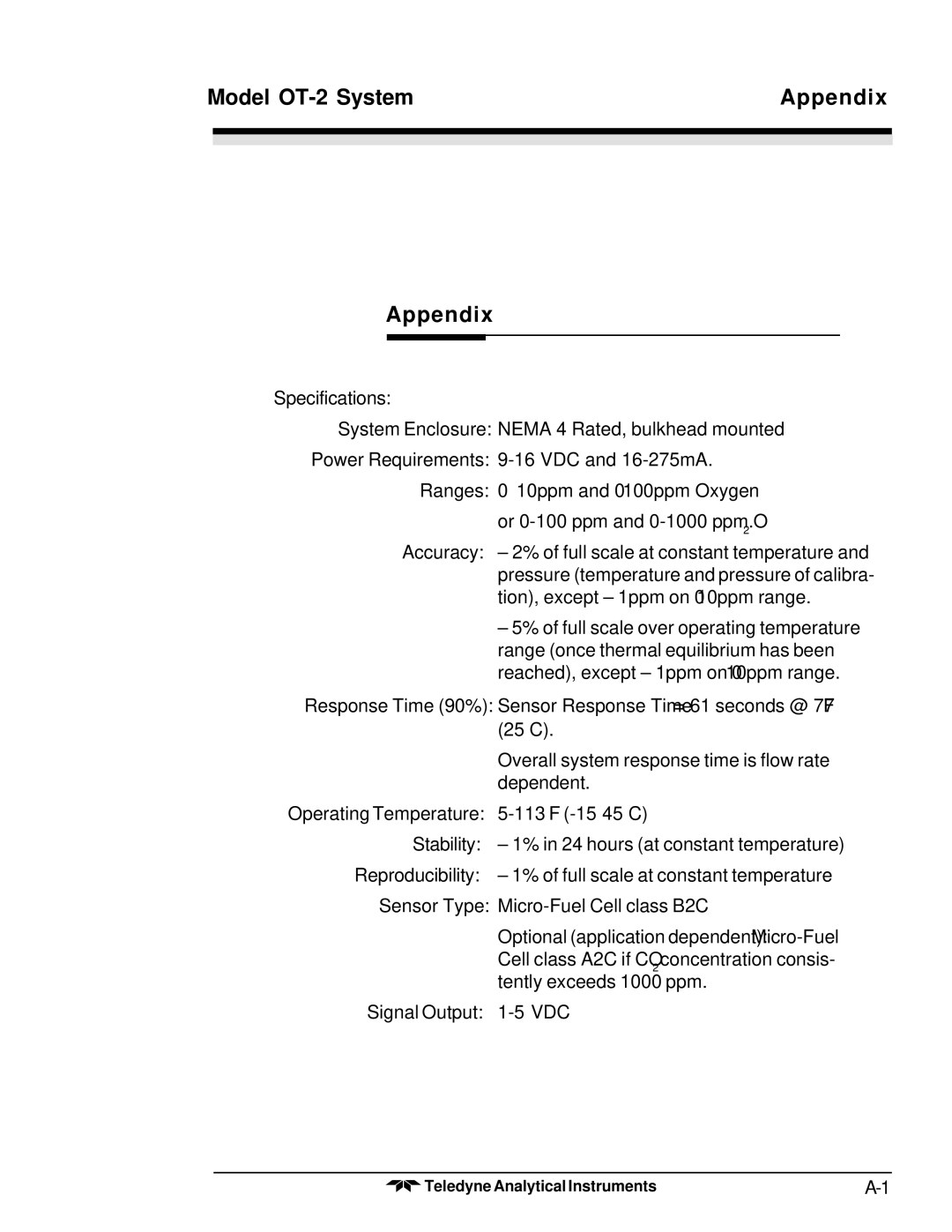 Teledyne operating instructions Model OT-2 System Appendix 