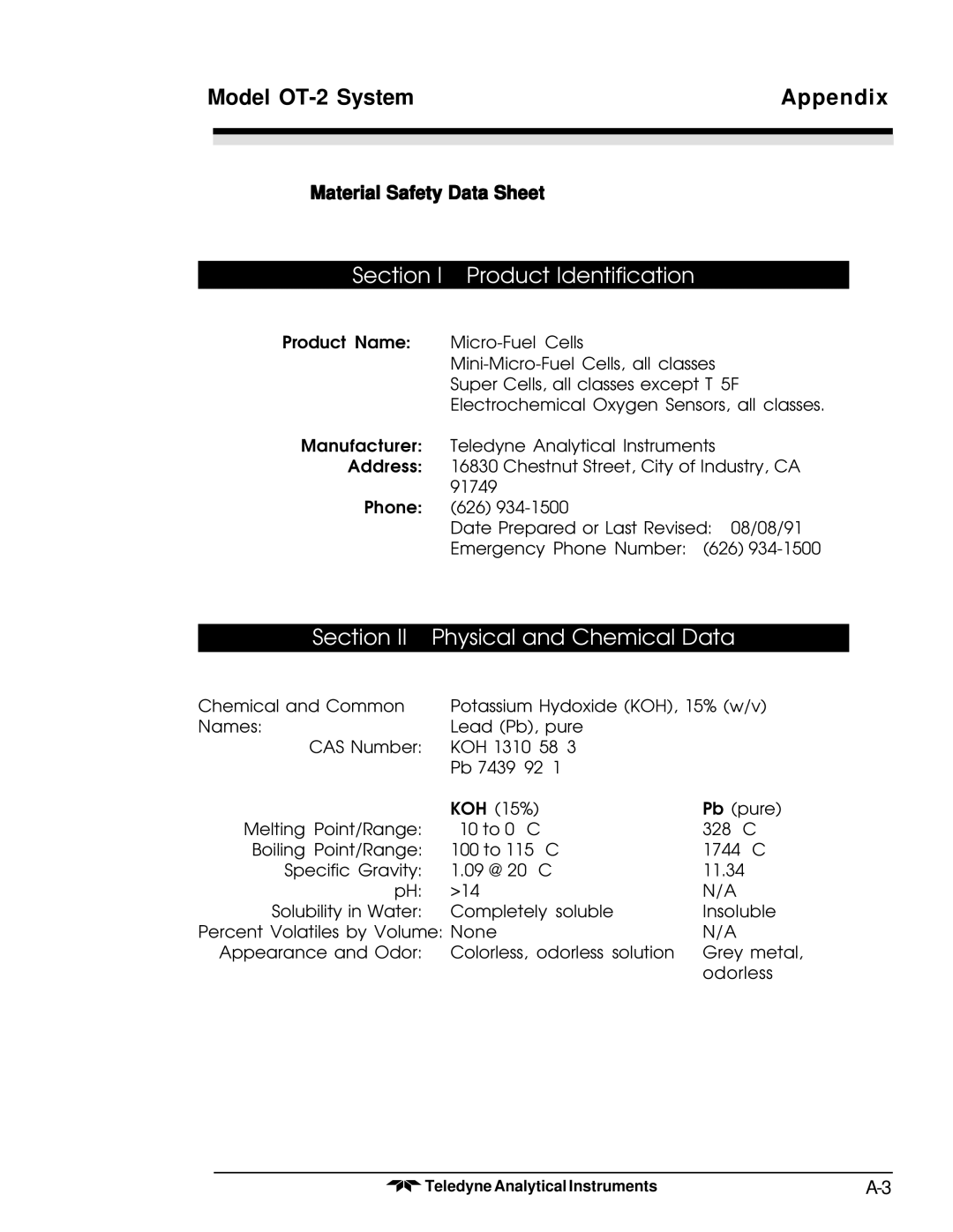 Teledyne OT-2 operating instructions Section I Product Identification 