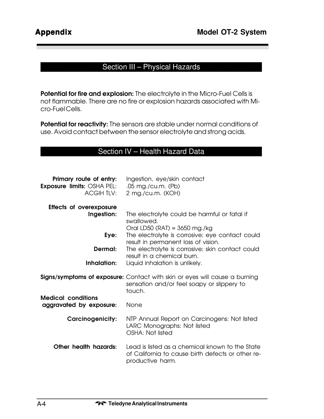 Teledyne OT-2 operating instructions Section III Physical Hazards 