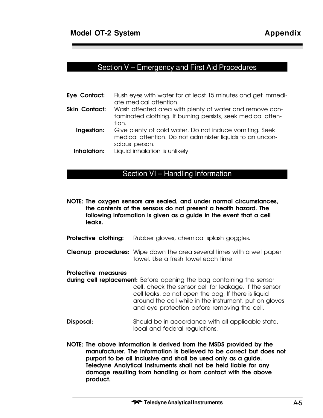 Teledyne OT-2 operating instructions Section V Emergency and First Aid Procedures 