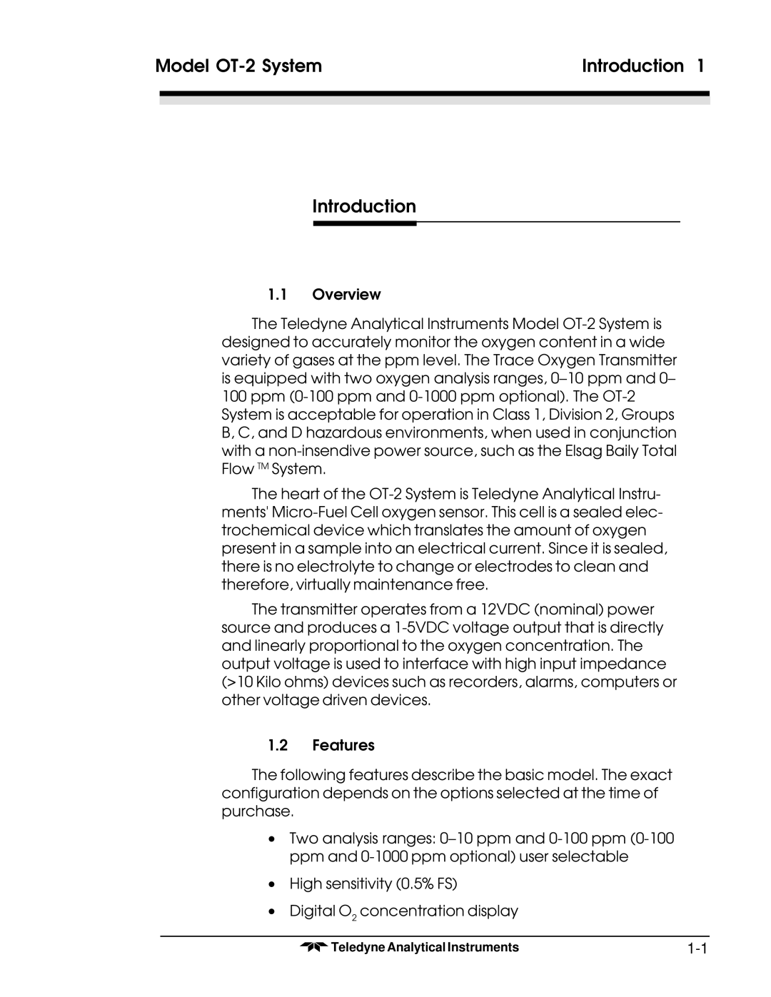 Teledyne operating instructions Model OT-2 System Introduction 