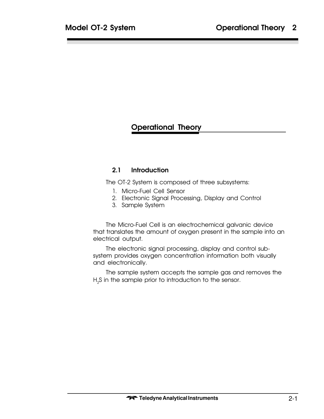 Teledyne operating instructions Model OT-2 System Operational Theory, Introduction 