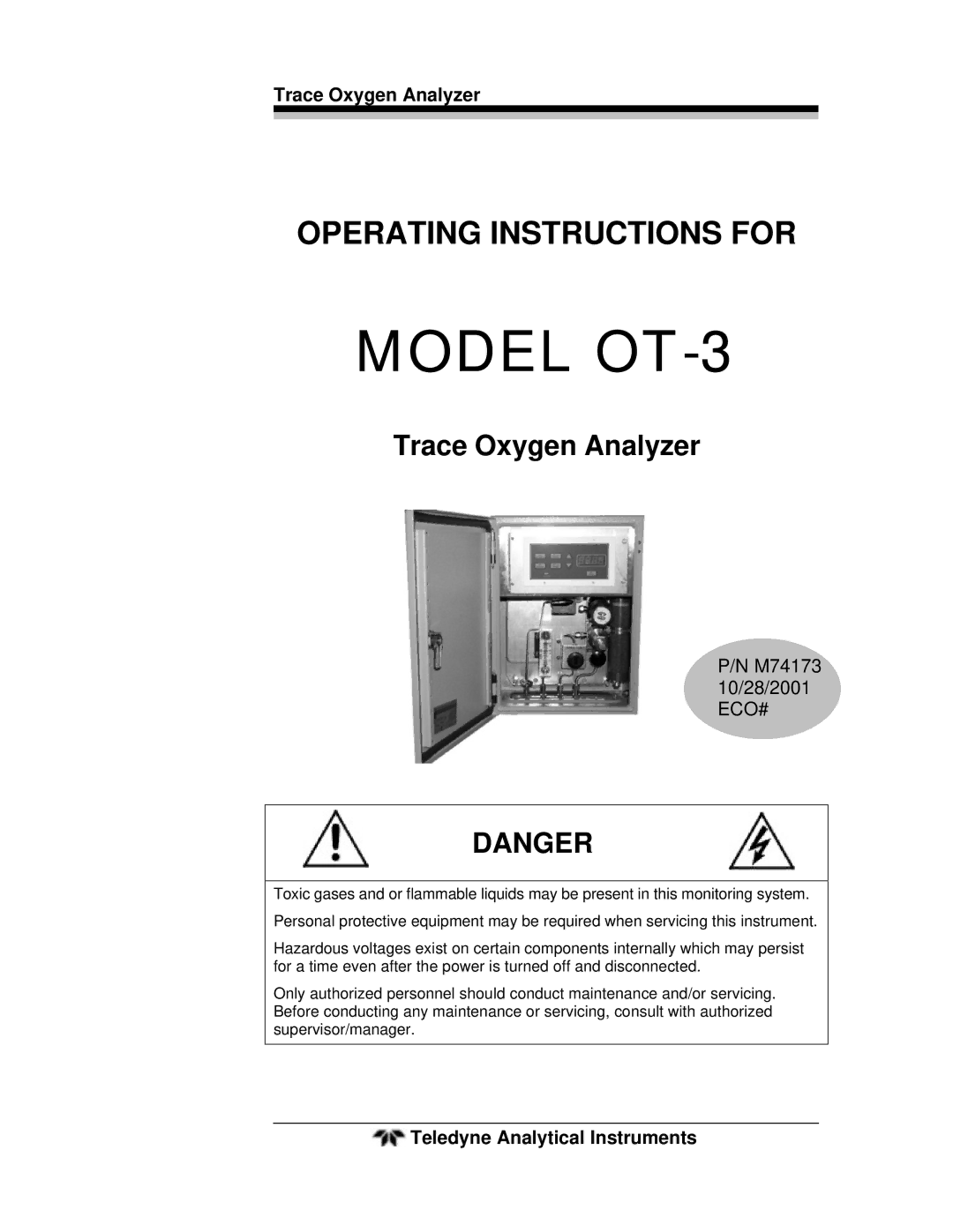 Teledyne OT-3 operating instructions Trace Oxygen Analyzer, Teledyne Analytical Instruments 