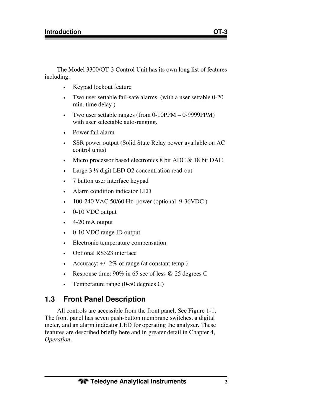 Teledyne operating instructions Front Panel Description, Introduction OT-3 