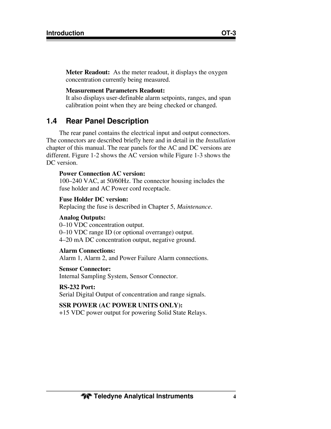 Teledyne OT-3 operating instructions Rear Panel Description, Measurement Parameters Readout 