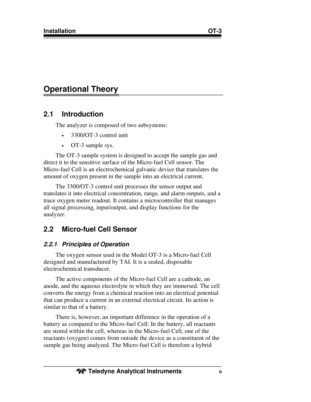 Teledyne Operational Theory, Introduction, Micro-fuel Cell Sensor, Installation OT-3, Principles of Operation 