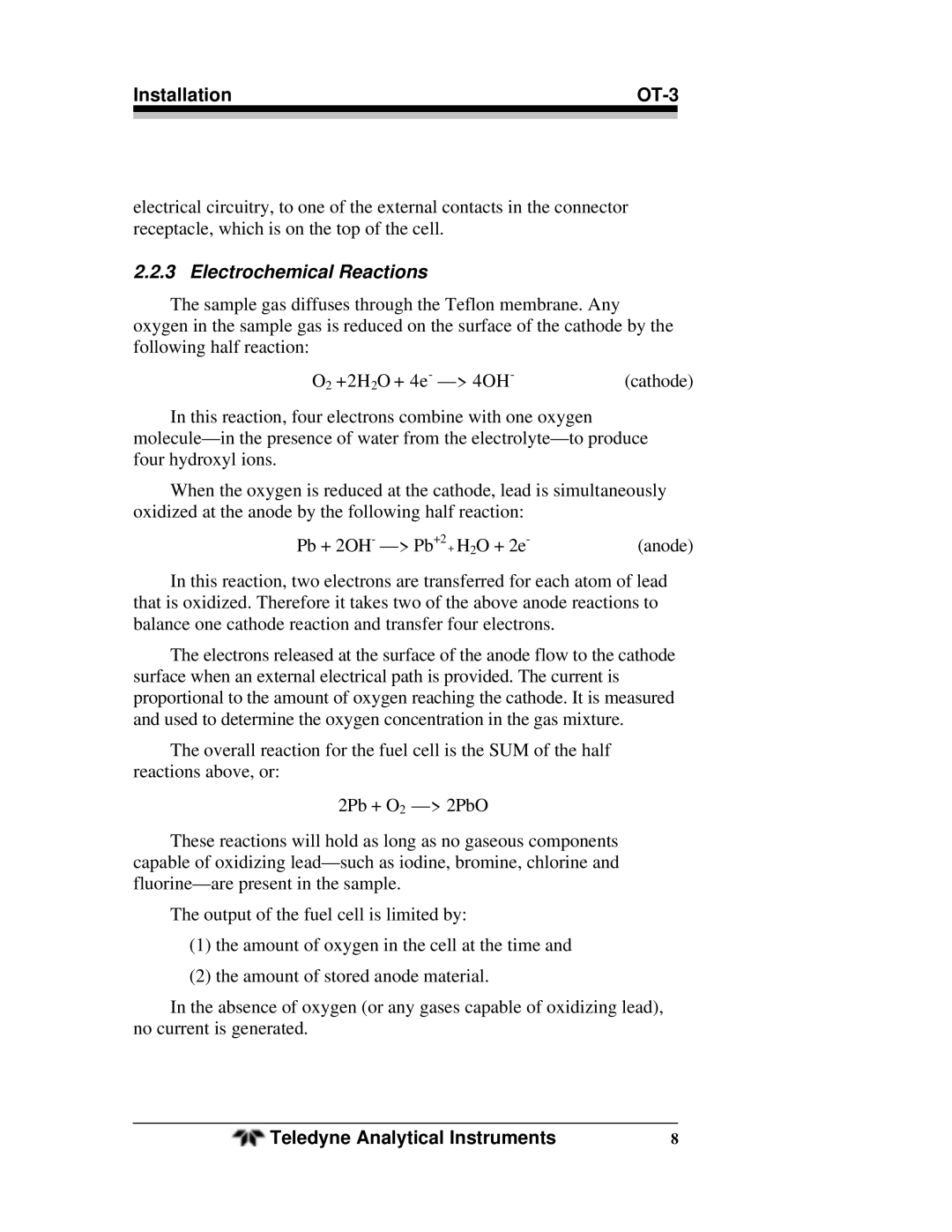 Teledyne OT-3 operating instructions Electrochemical Reactions 