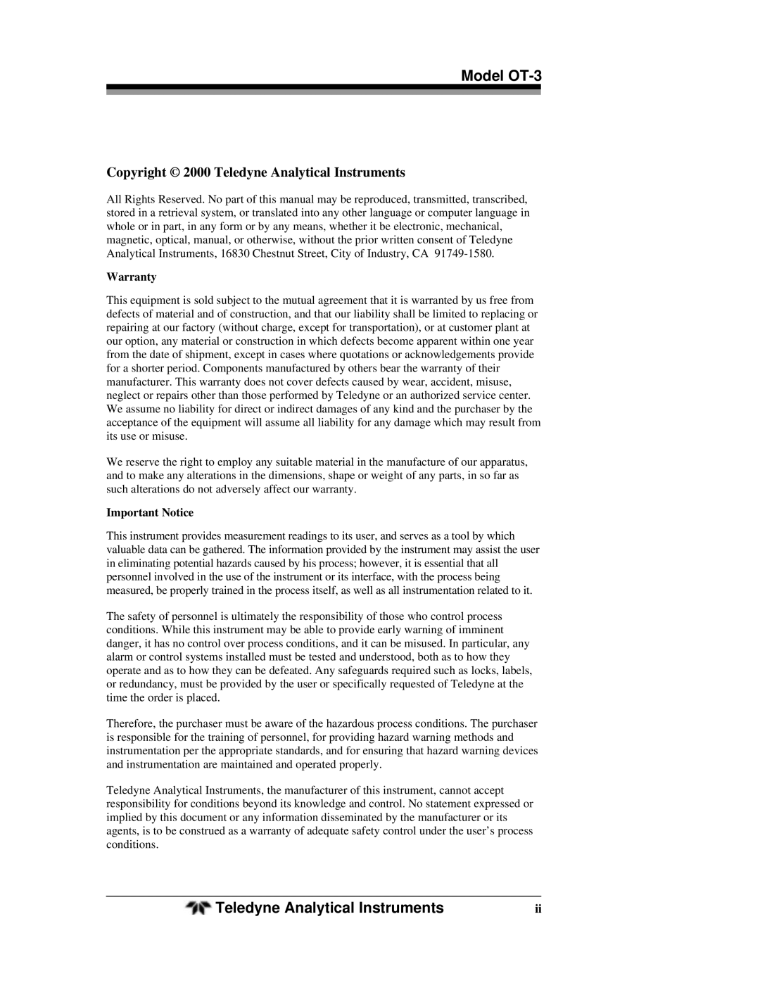 Teledyne operating instructions Model OT-3, Copyright 2000 Teledyne Analytical Instruments 