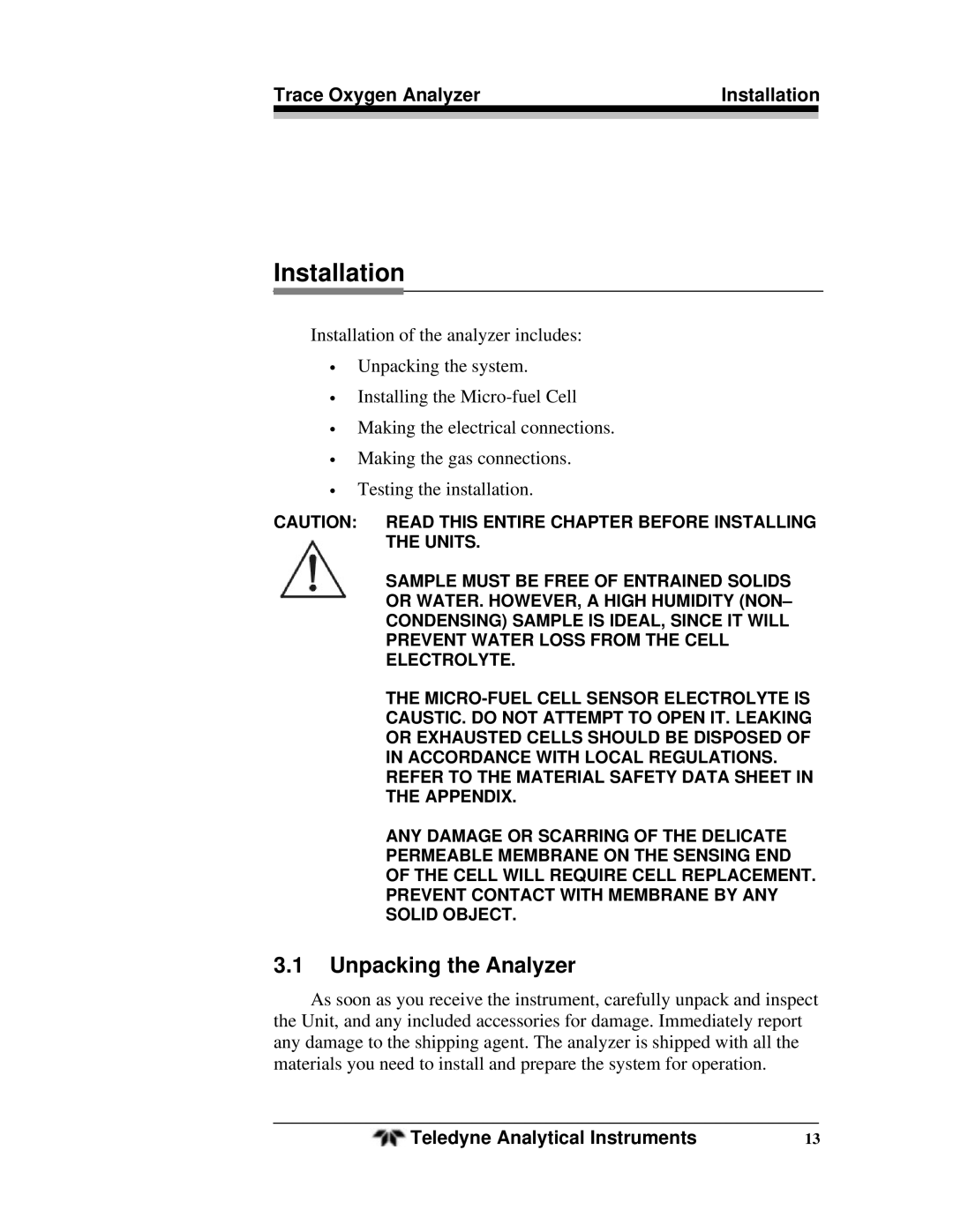 Teledyne OT-3 operating instructions Installation, Unpacking the Analyzer 