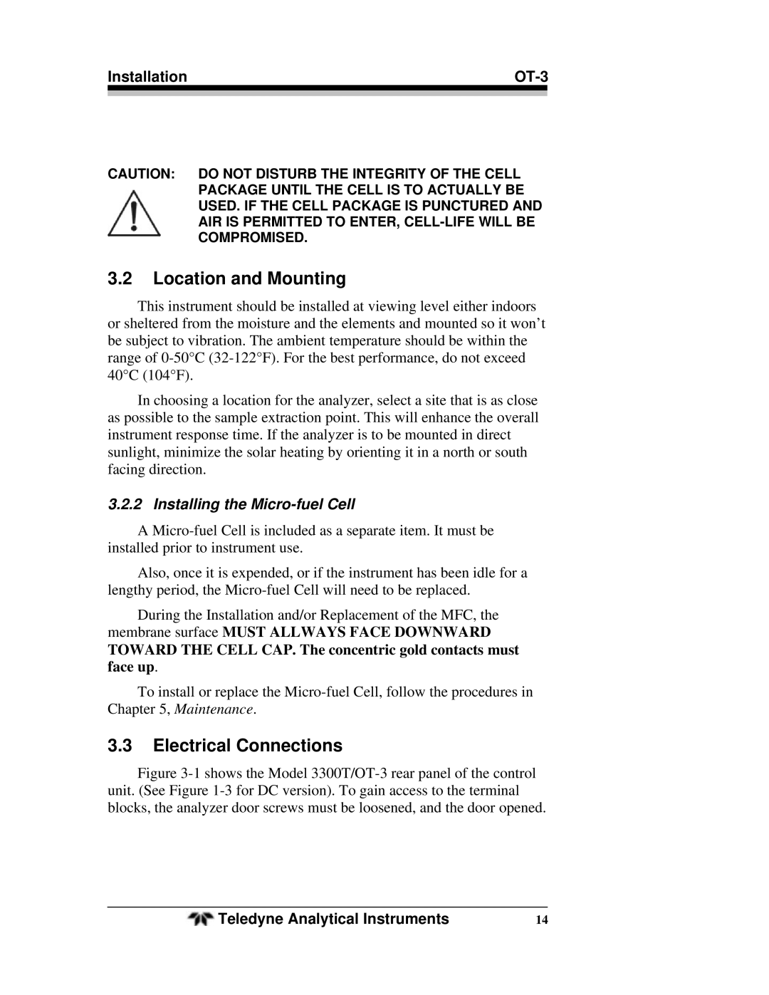 Teledyne OT-3 operating instructions Location and Mounting, Electrical Connections, Installing the Micro-fuel Cell 