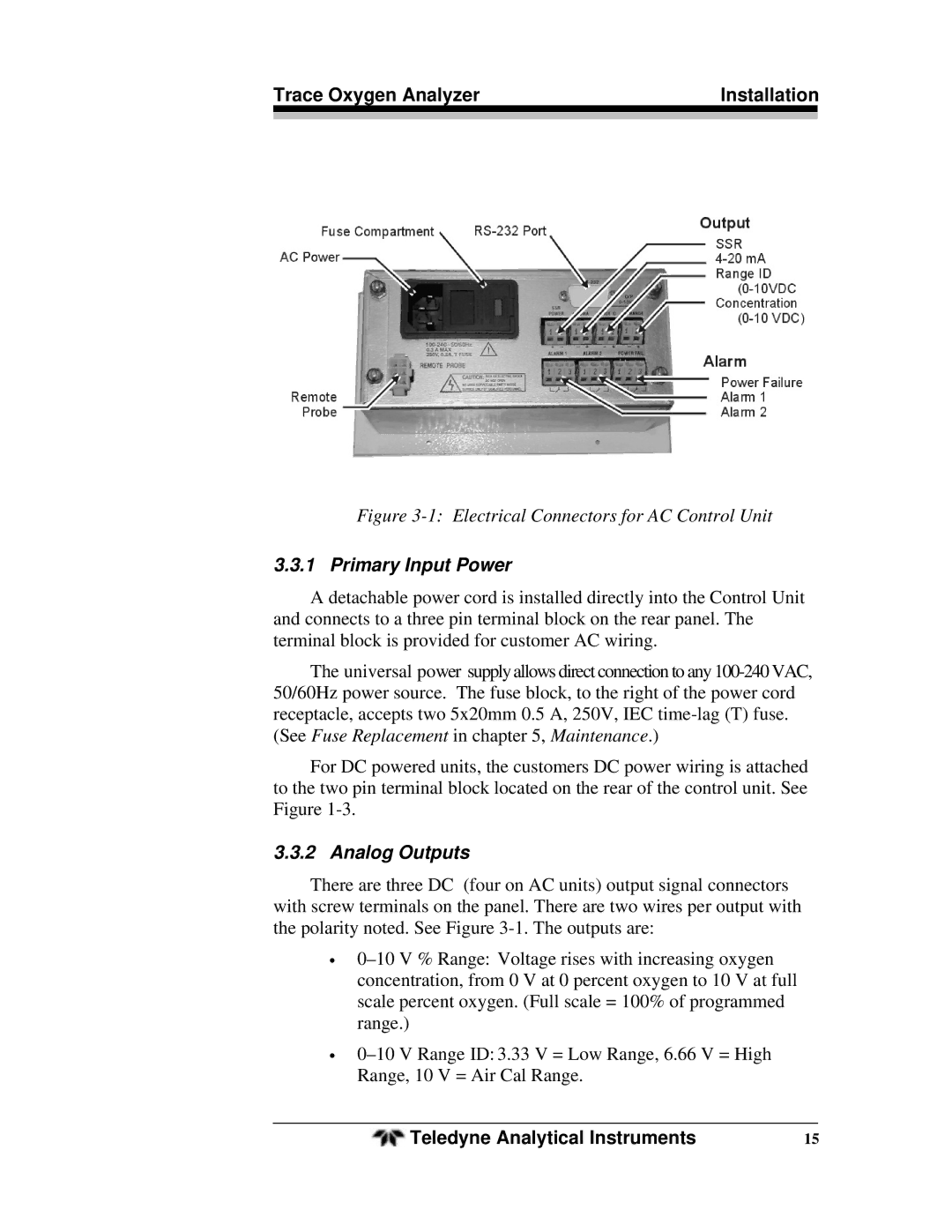 Teledyne OT-3 operating instructions Primary Input Power, Analog Outputs 