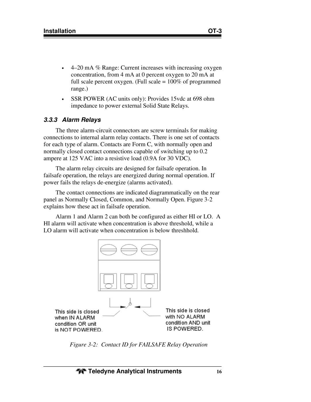 Teledyne OT-3 operating instructions Alarm Relays, Contact ID for Failsafe Relay Operation 