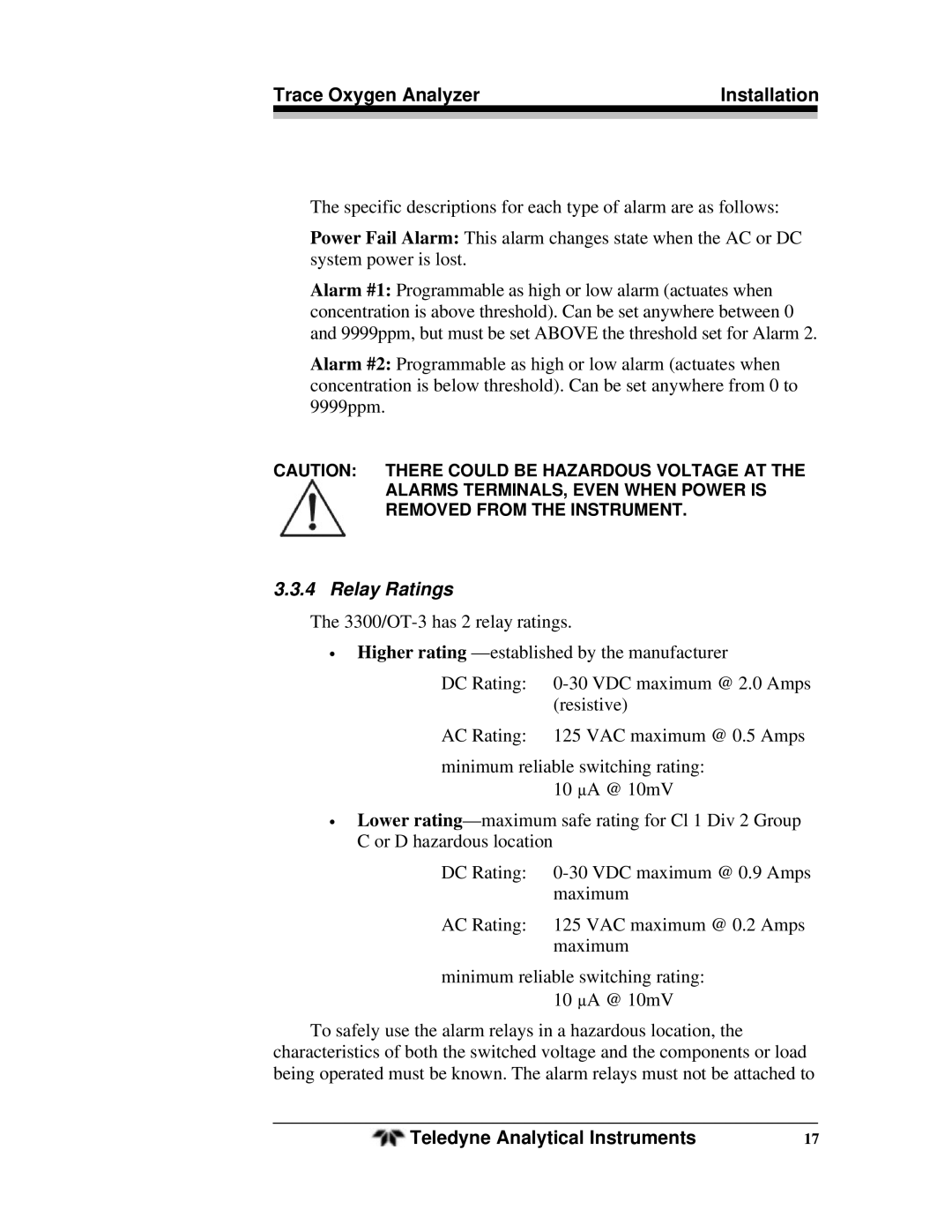 Teledyne OT-3 operating instructions Relay Ratings 