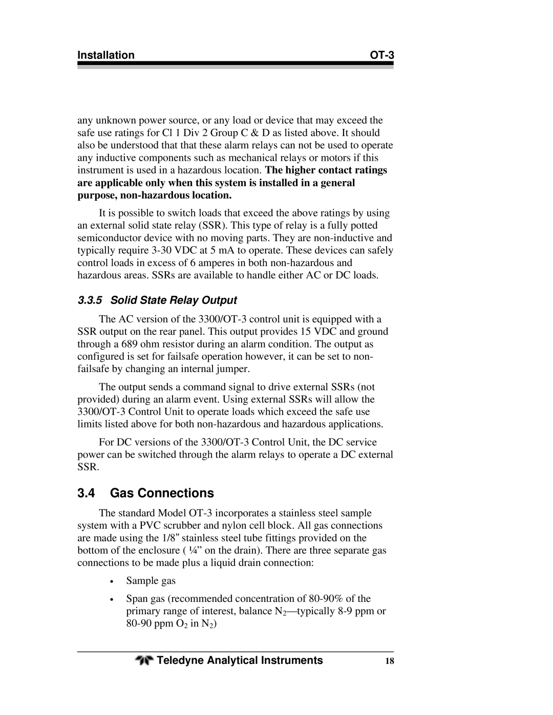 Teledyne OT-3 operating instructions Gas Connections, Solid State Relay Output 