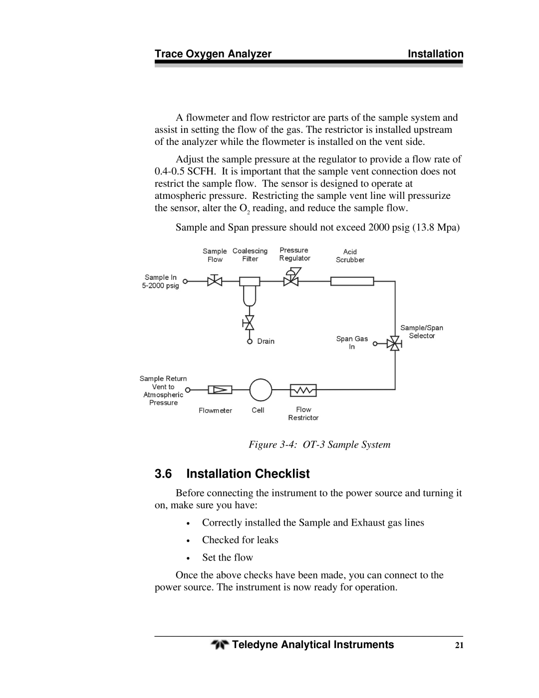 Teledyne operating instructions Installation Checklist, OT-3 Sample System 