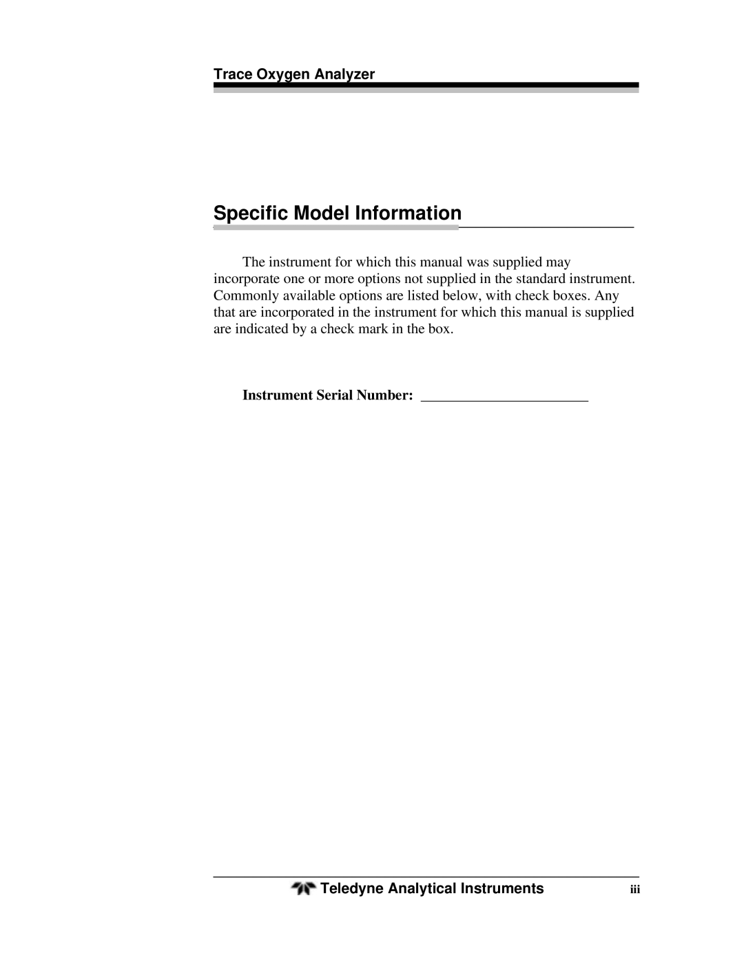 Teledyne OT-3 operating instructions Specific Model Information 