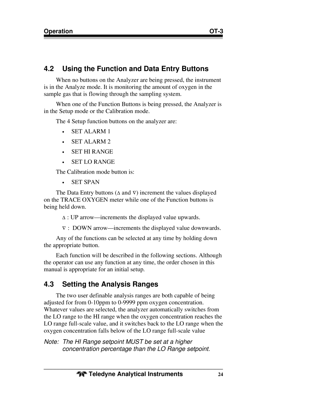 Teledyne operating instructions Using the Function and Data Entry Buttons, Setting the Analysis Ranges, Operation OT-3 