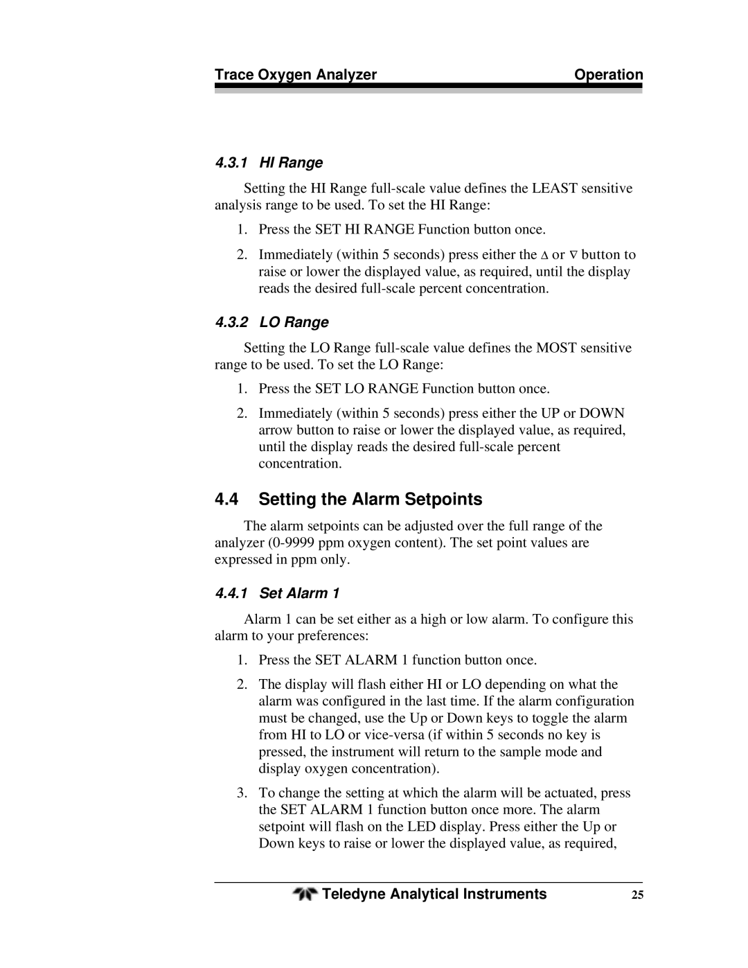 Teledyne OT-3 operating instructions Setting the Alarm Setpoints, HI Range, LO Range, Set Alarm 