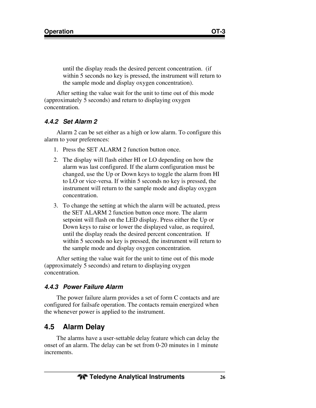 Teledyne OT-3 operating instructions Alarm Delay, Power Failure Alarm 